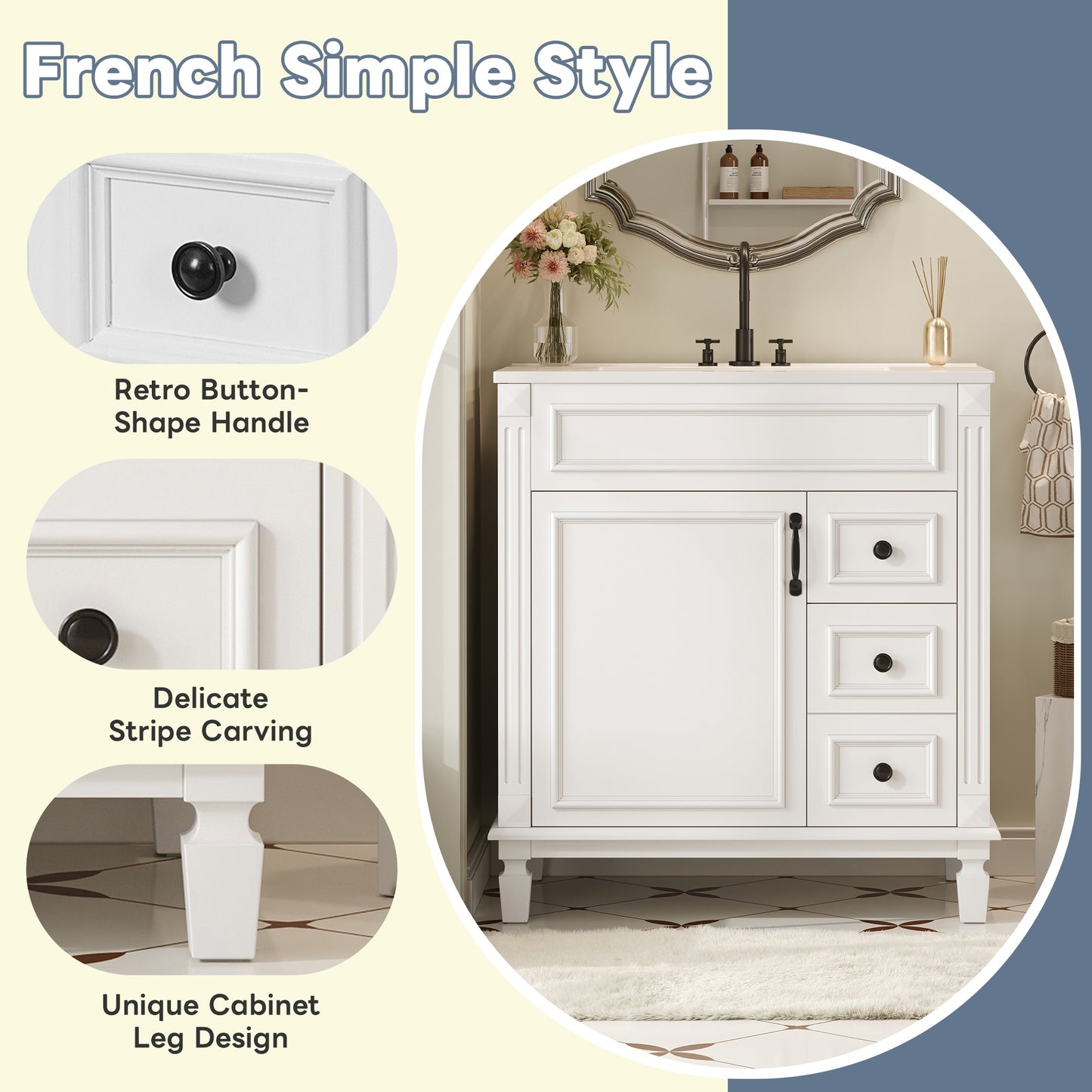 VanityFus 30-in White Bathroom Vanity Undermount Single Sink Combo with 1 Soft Close with Ceramic Top 2 Drawers Adjustable Shelves