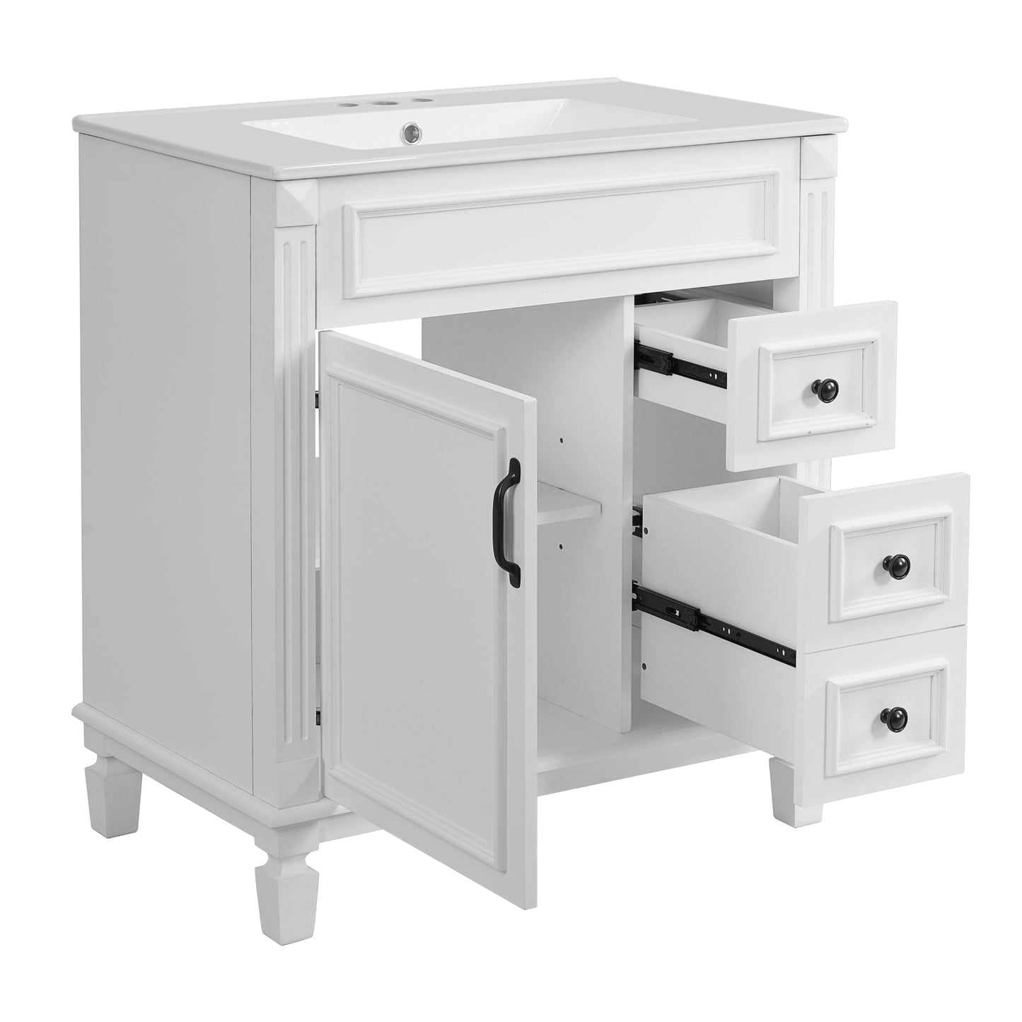 VanityFus 30-in White Bathroom Vanity Undermount Single Sink Combo with 1 Soft Close with Ceramic Top 2 Drawers Adjustable Shelves