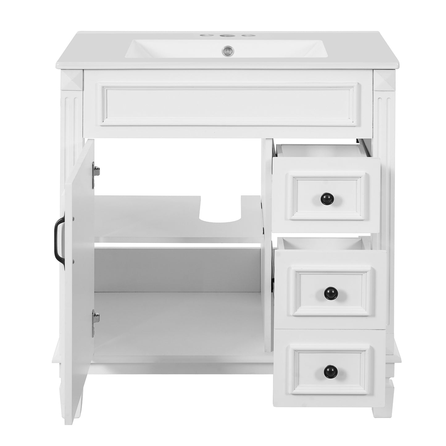 VanityFus 30-in White Bathroom Vanity Undermount Single Sink Combo with 1 Soft Close with Ceramic Top 2 Drawers Adjustable Shelves