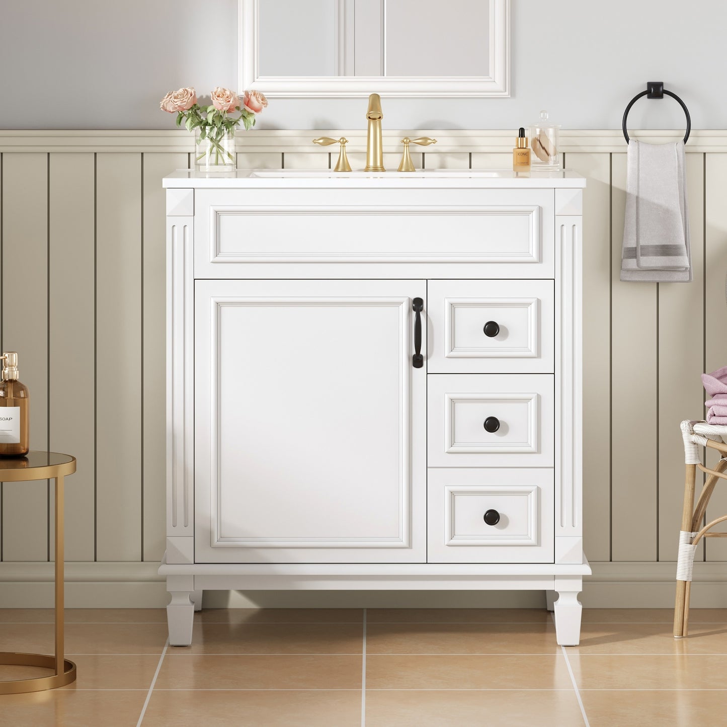 VanityFus 30-in White Bathroom Vanity Undermount Single Sink Combo with 1 Soft Close with Ceramic Top 2 Drawers Adjustable Shelves