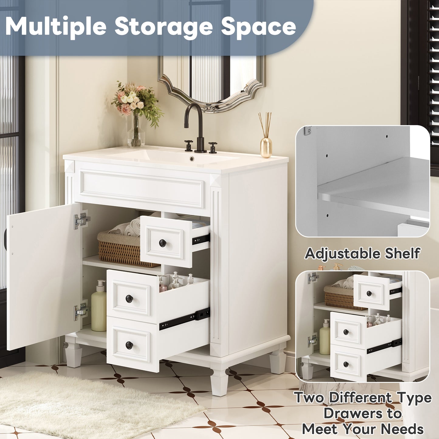 VanityFus 30-in White Bathroom Vanity Undermount Single Sink Combo with 1 Soft Close with Ceramic Top 2 Drawers Adjustable Shelves