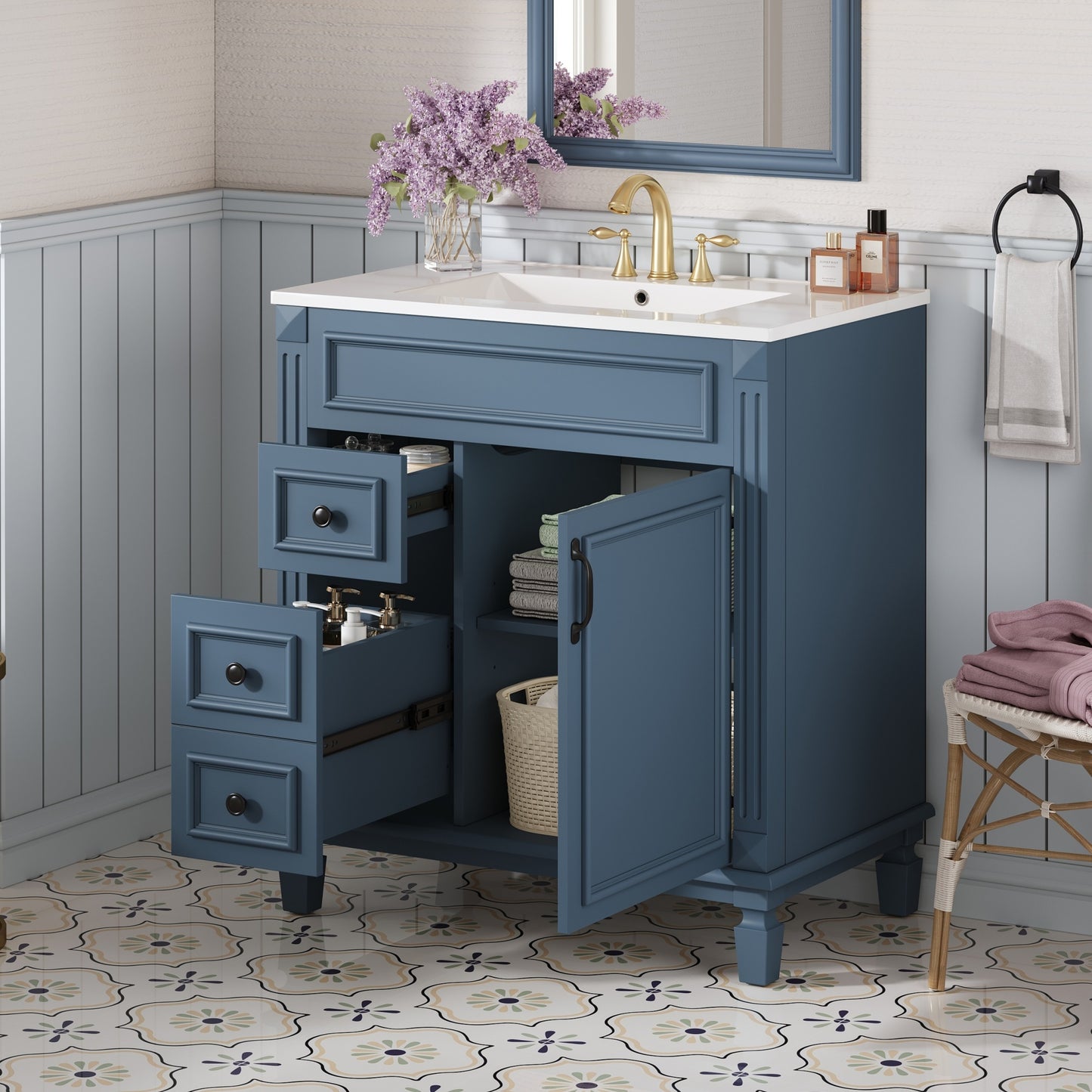 VanityFus 30-in Blue Bathroom Vanity Undermount Single Sink Combo with 1 Soft Close with Ceramic Top 2 Drawers Adjustable Shelves