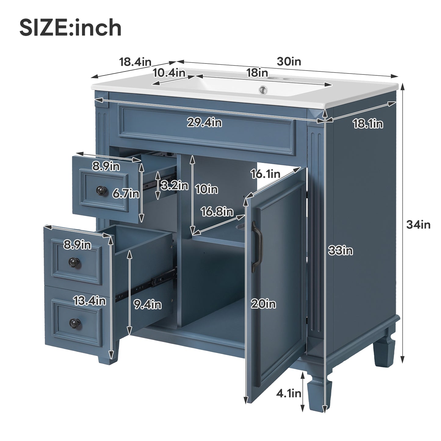 VanityFus 30-in Blue Bathroom Vanity Undermount Single Sink Combo with 1 Soft Close with Ceramic Top 2 Drawers Adjustable Shelves