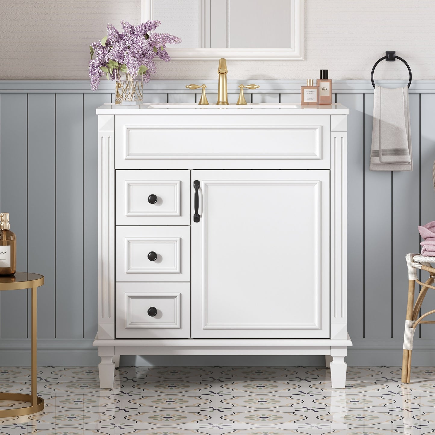 VanityFus 30-in White Bathroom Vanity Undermount Single Sink Combo with 1 Soft Close with Ceramic Top 2 Drawers Adjustable Shelves