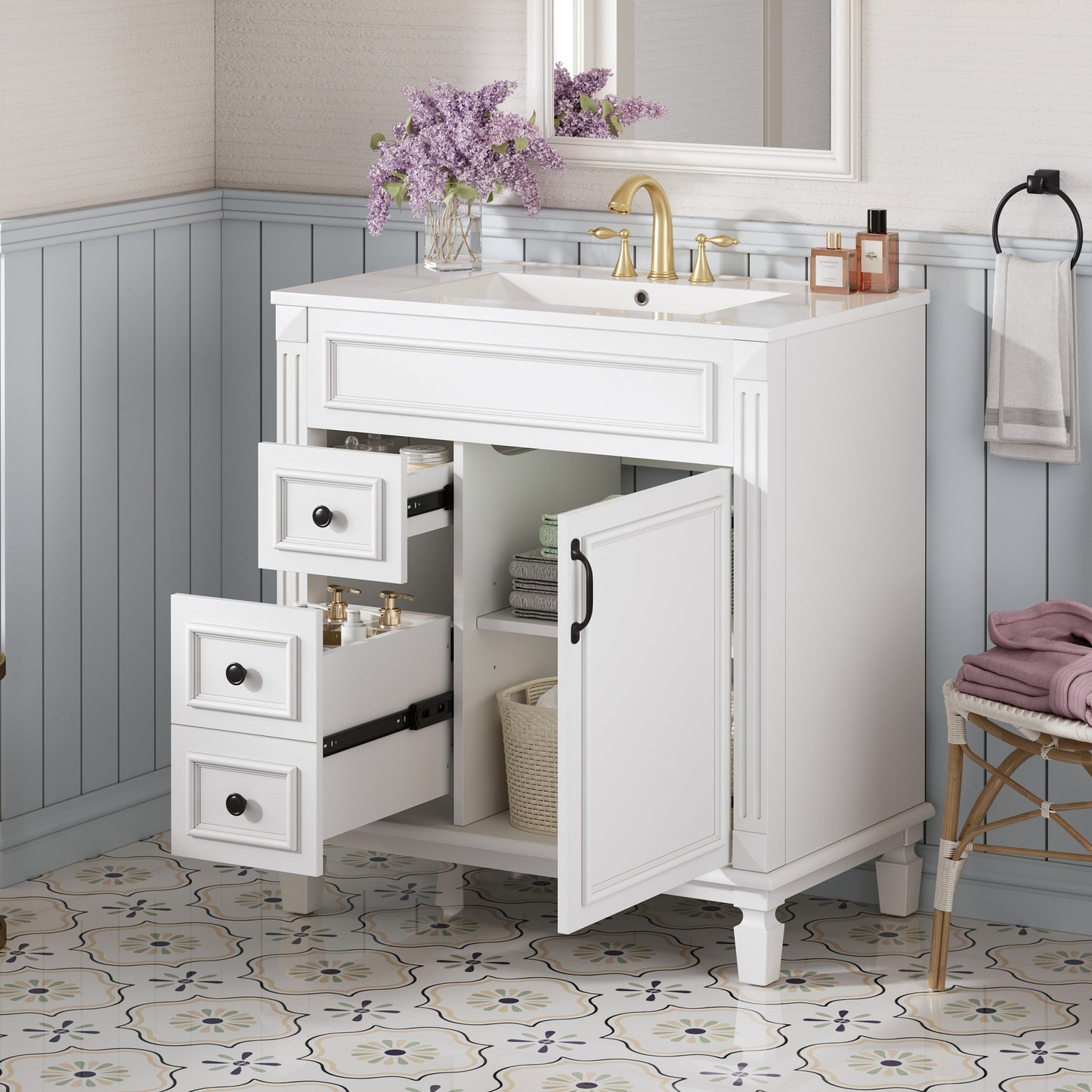 VanityFus 30-in White Bathroom Vanity Undermount Single Sink Combo with 1 Soft Close with Ceramic Top 2 Drawers Adjustable Shelves