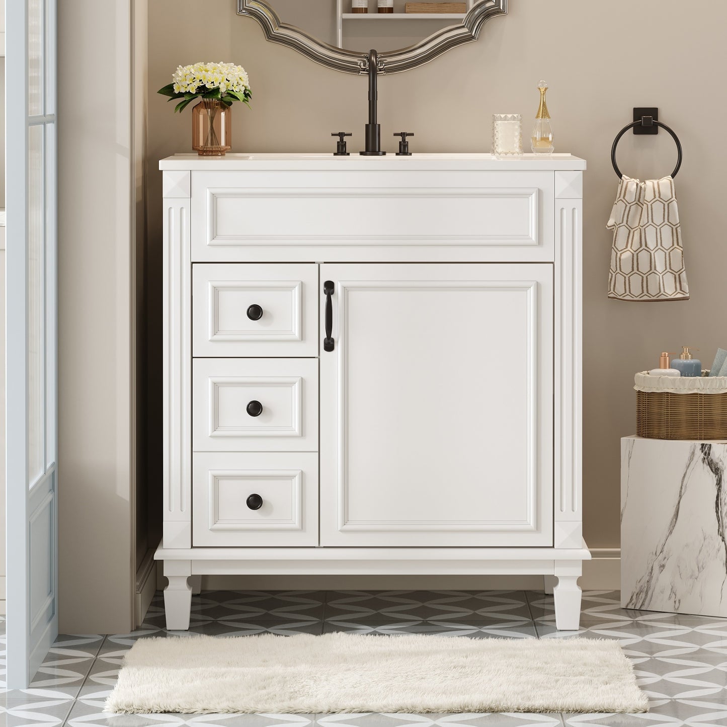 VanityFus 30-in White Bathroom Vanity Undermount Single Sink Combo with 1 Soft Close with Ceramic Top 2 Drawers Adjustable Shelves