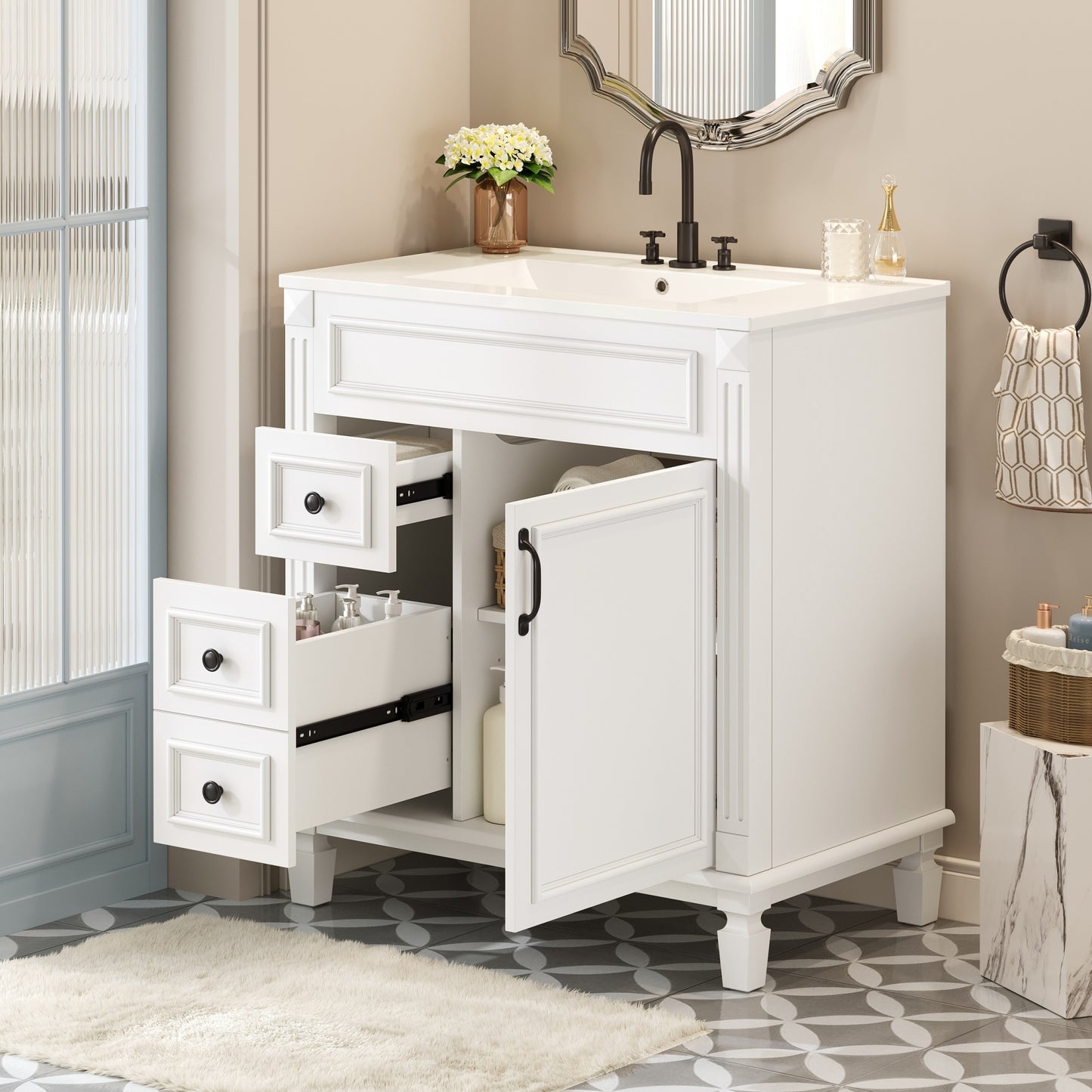VanityFus 30-in White Bathroom Vanity Undermount Single Sink Combo with 1 Soft Close with Ceramic Top 2 Drawers Adjustable Shelves