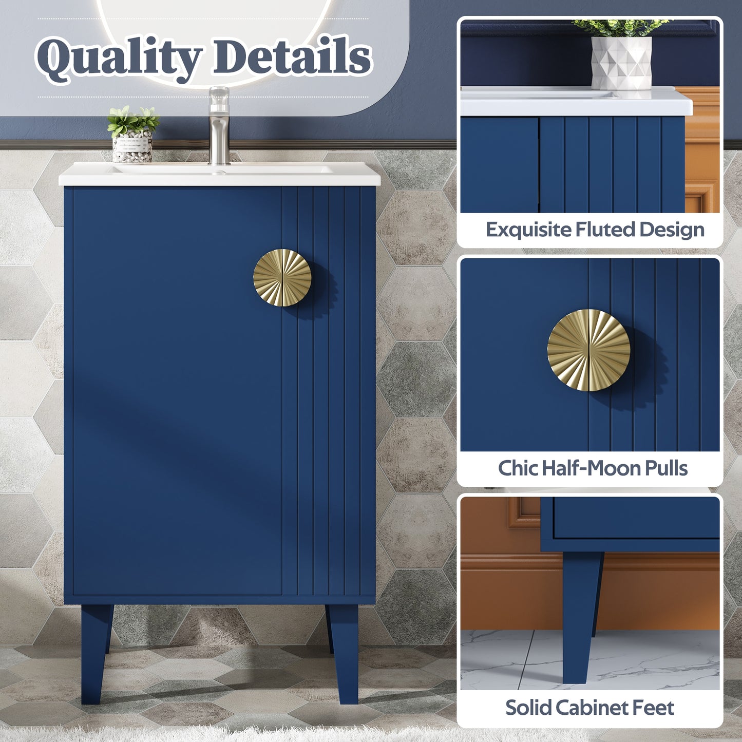VanityFus 20.3-in Blue Single Sink Bathroom Vanity with Ceramic Top Undermount 1 Soft-Closing Door