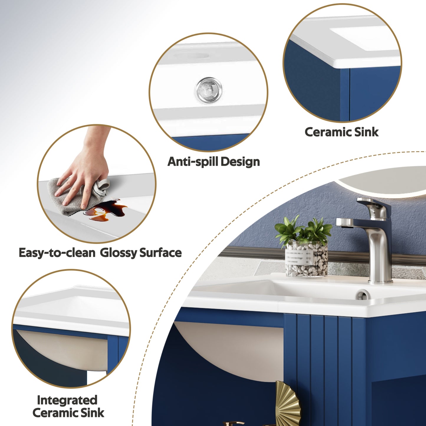 VanityFus 20.3-in Blue Single Sink Bathroom Vanity with Ceramic Top Undermount 1 Soft-Closing Door