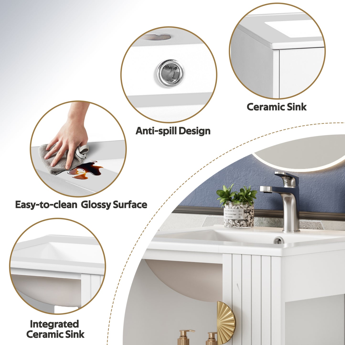 VanityFus 20.3-in White Single Sink Bathroom Vanity with Ceramic Top Undermount 1 Soft-Closing Door