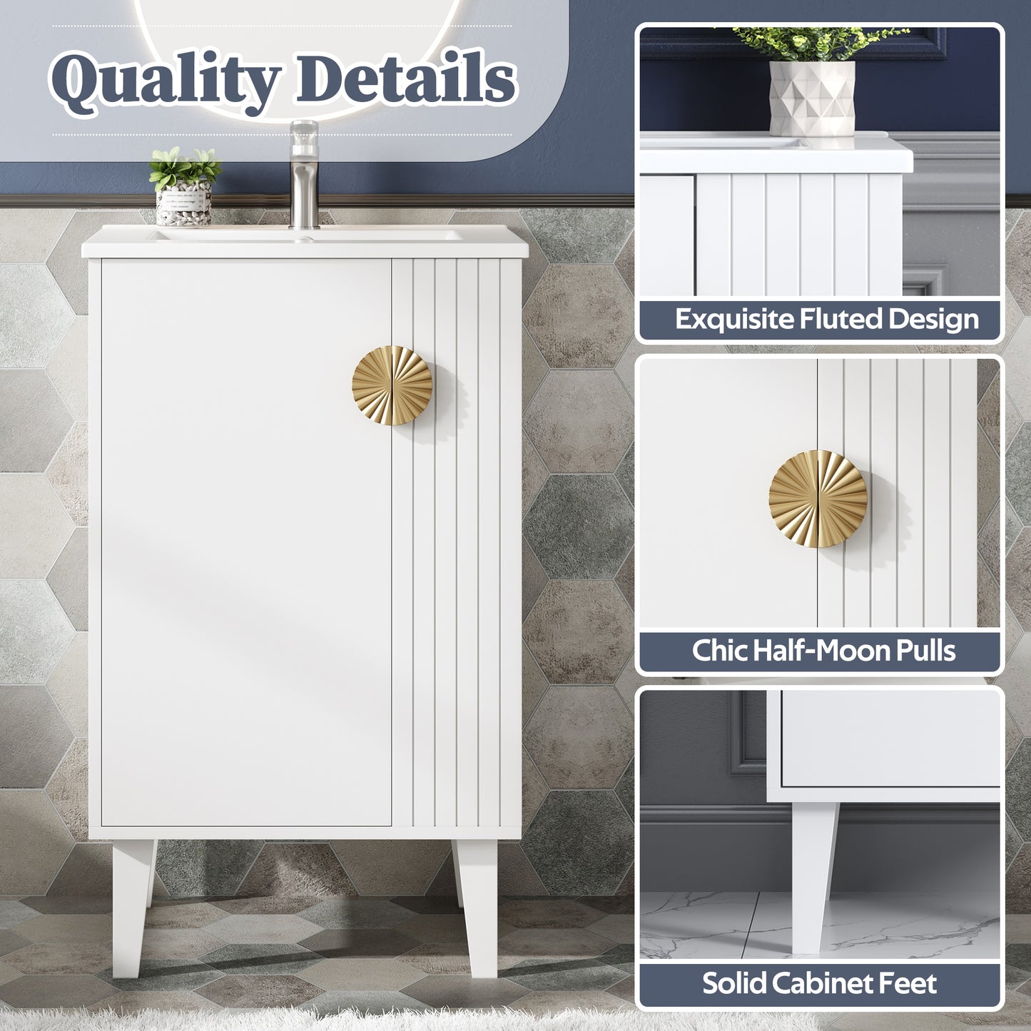 VanityFus 20.3-in White Single Sink Bathroom Vanity with Ceramic Top Undermount 1 Soft-Closing Door