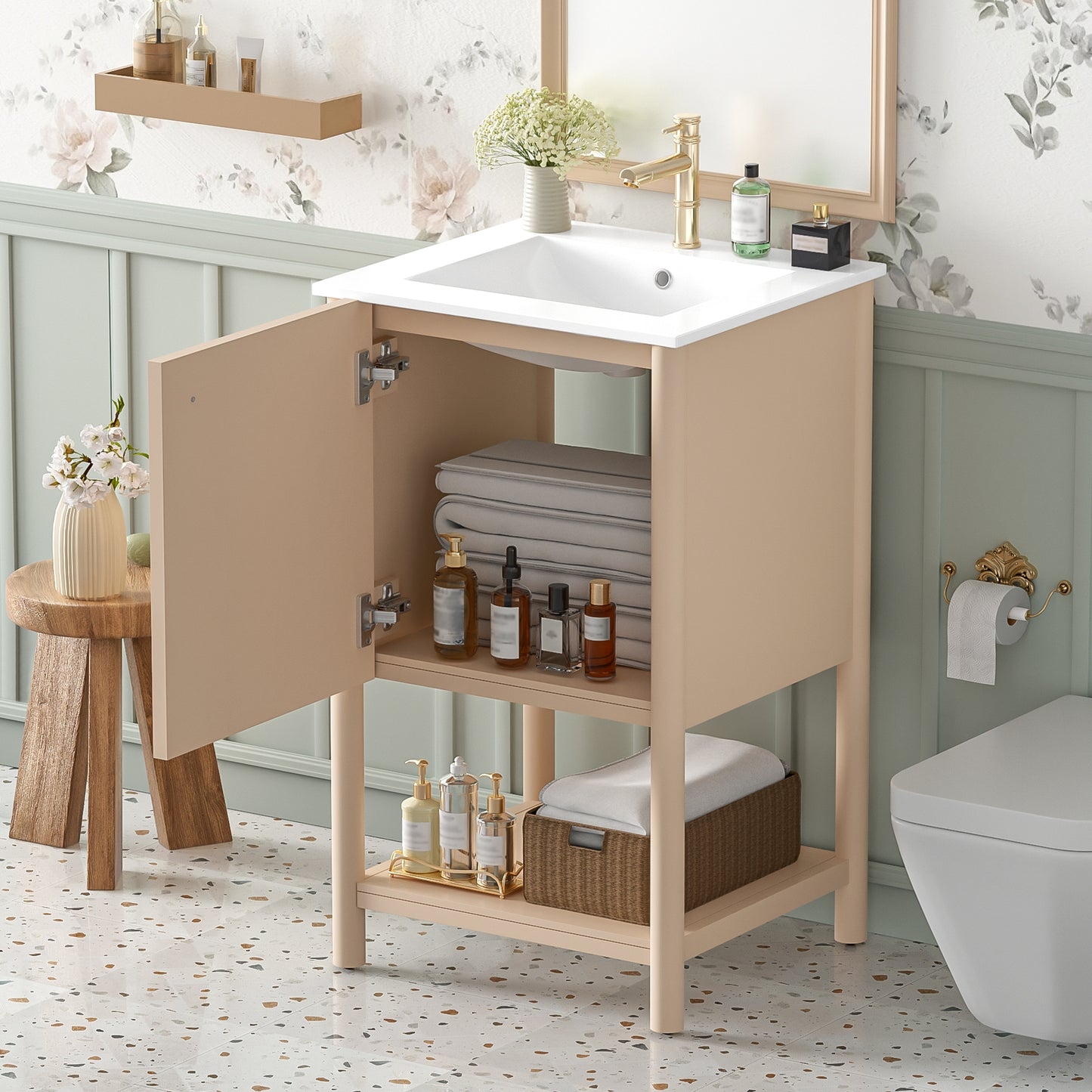 VanityFus 20.2-in Natural Wood Single Sink Bathroom Vanity with Ceramic Top Undermount 1 Soft-Closing Door