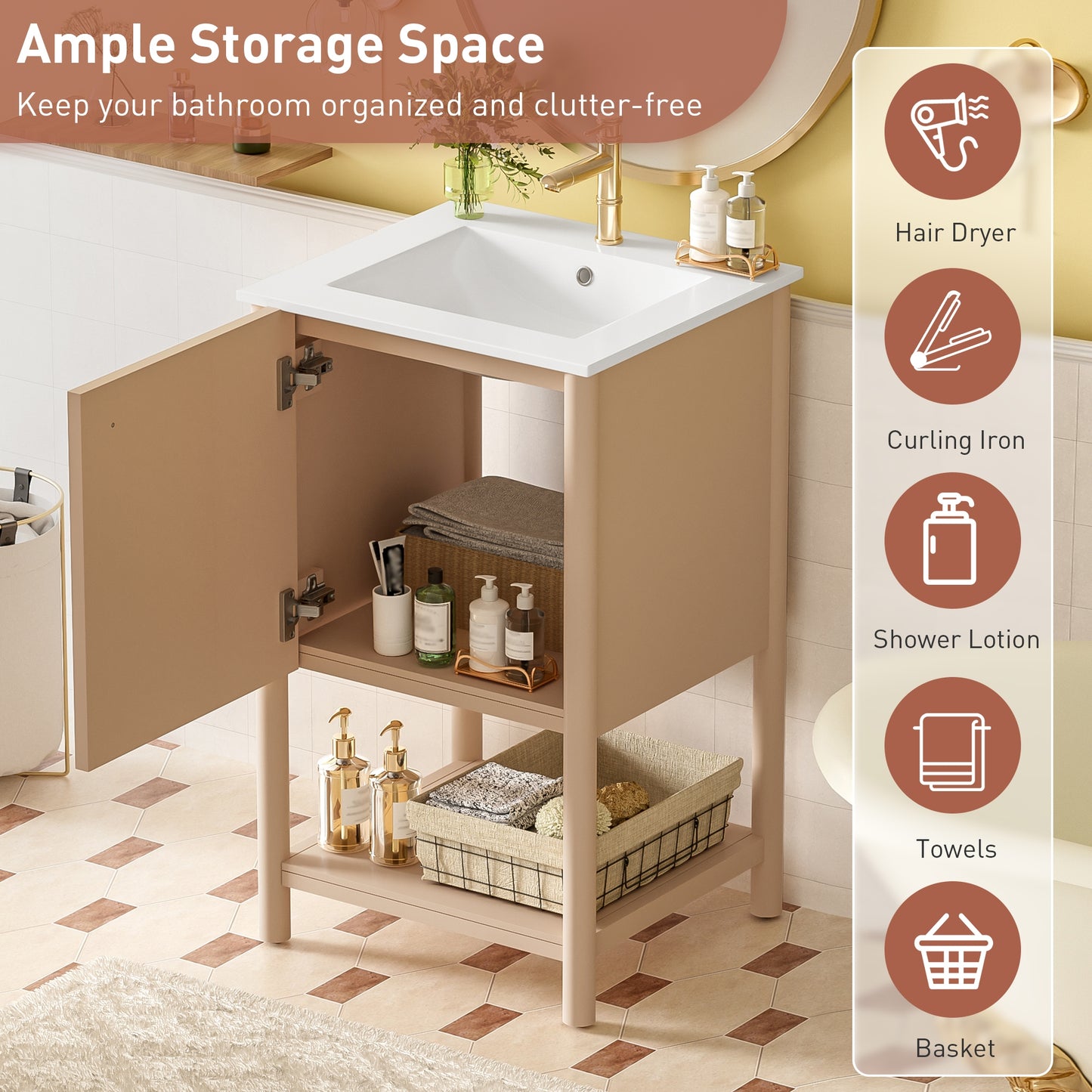 VanityFus 20.2-in Natural Wood Single Sink Bathroom Vanity with Ceramic Top Undermount 1 Soft-Closing Door
