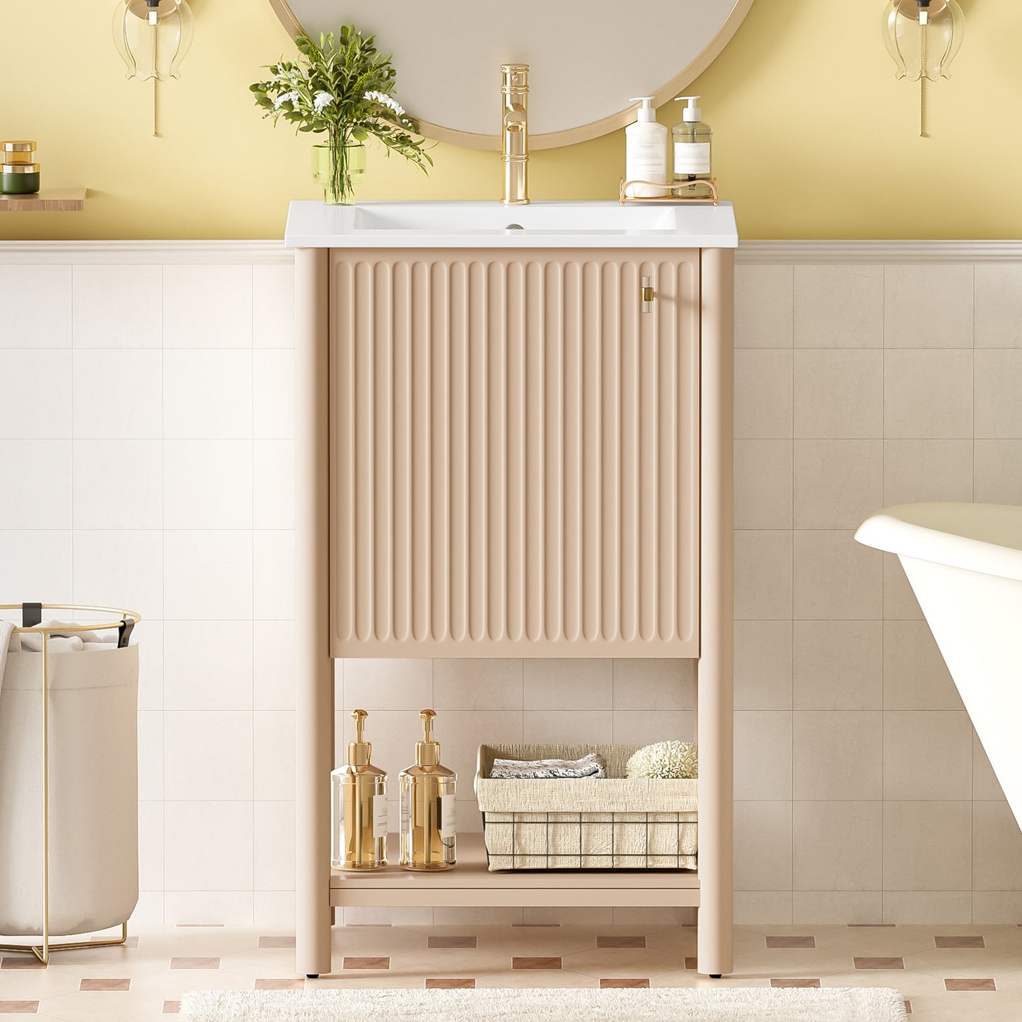 VanityFus 20.2-in Natural Wood Single Sink Bathroom Vanity with Ceramic Top Undermount 1 Soft-Closing Door