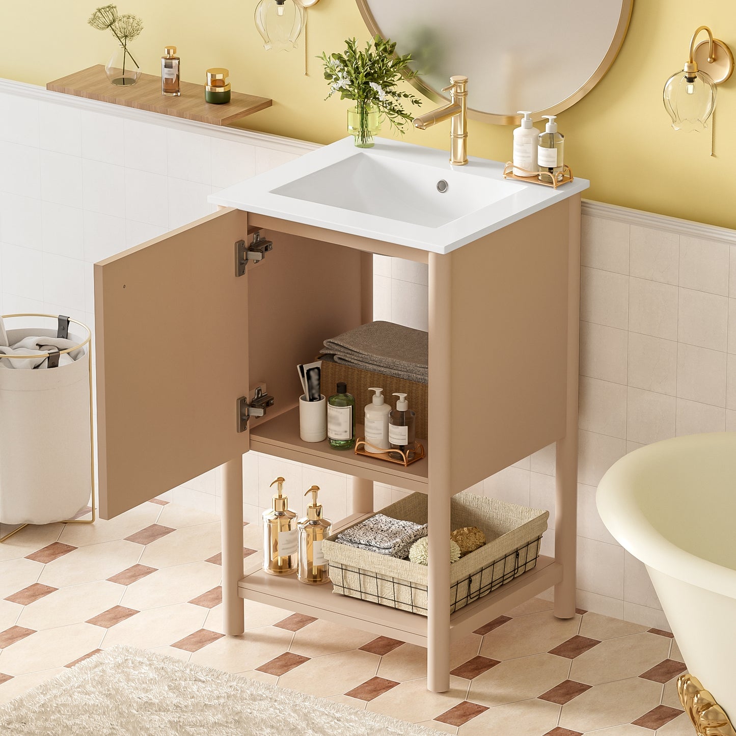 VanityFus 20.2-in Natural Wood Single Sink Bathroom Vanity with Ceramic Top Undermount 1 Soft-Closing Door