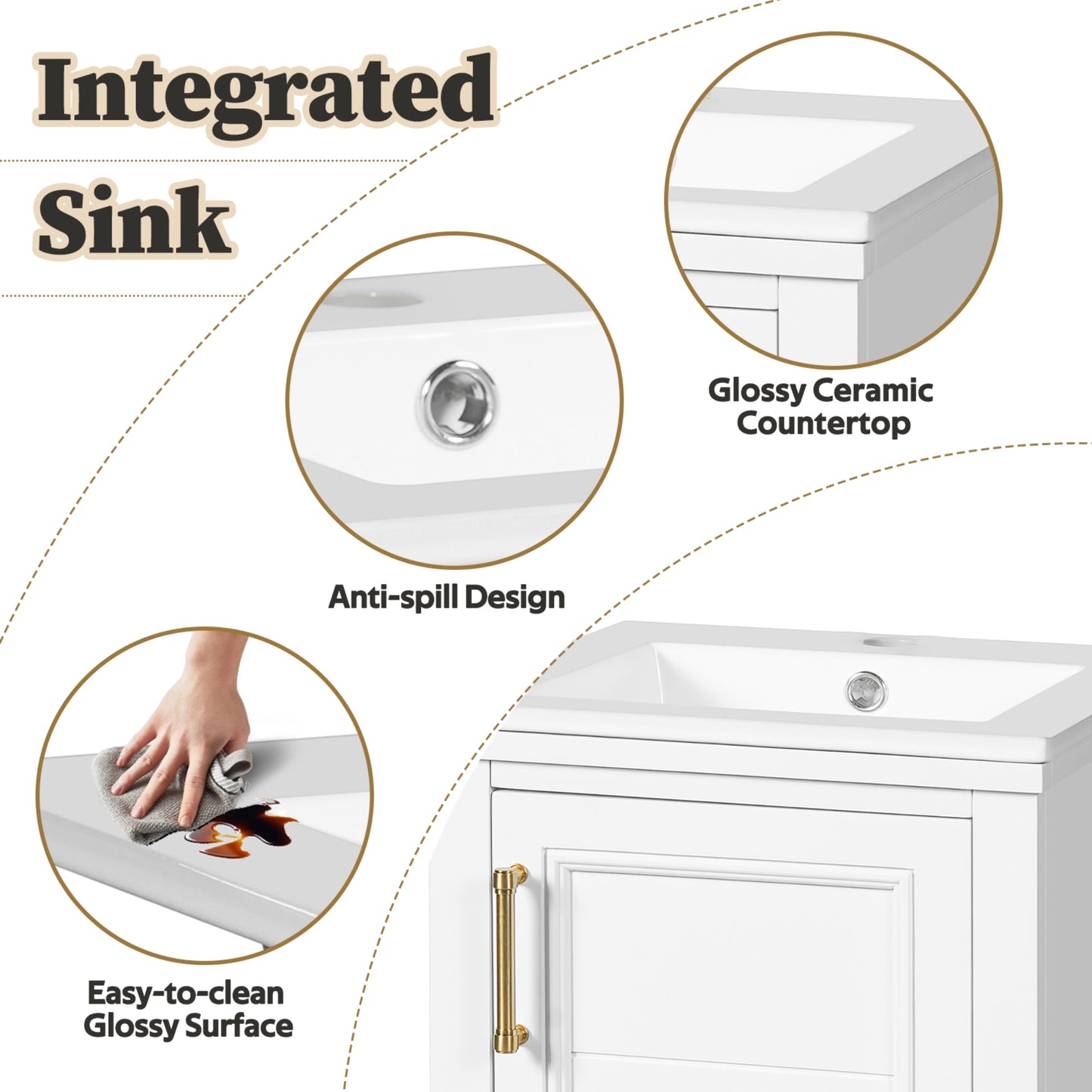 VanityFus 16.5-in White Single Sink Bathroom Vanity with Ceramic Top Undermount 1 Soft-Closing Door Adjustable Shelves