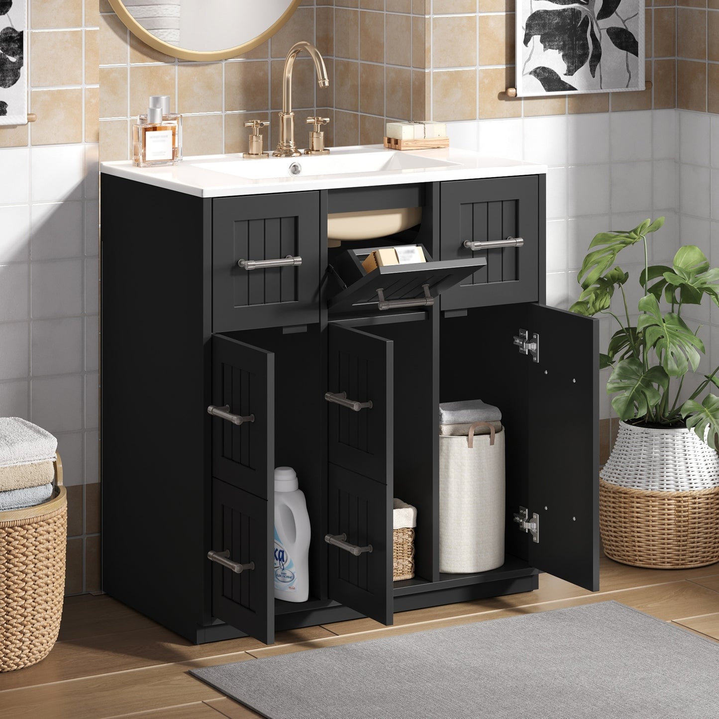 VanityFus 30-in Black Single Sink Bathroom Vanity with Ceramic Top Undermount 3 Soft-Closing Doors 3 Drawers