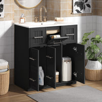 VanityFus 30-in Black Single Sink Bathroom Vanity with Ceramic Top Undermount 3 Soft-Closing Doors 3 Drawers
