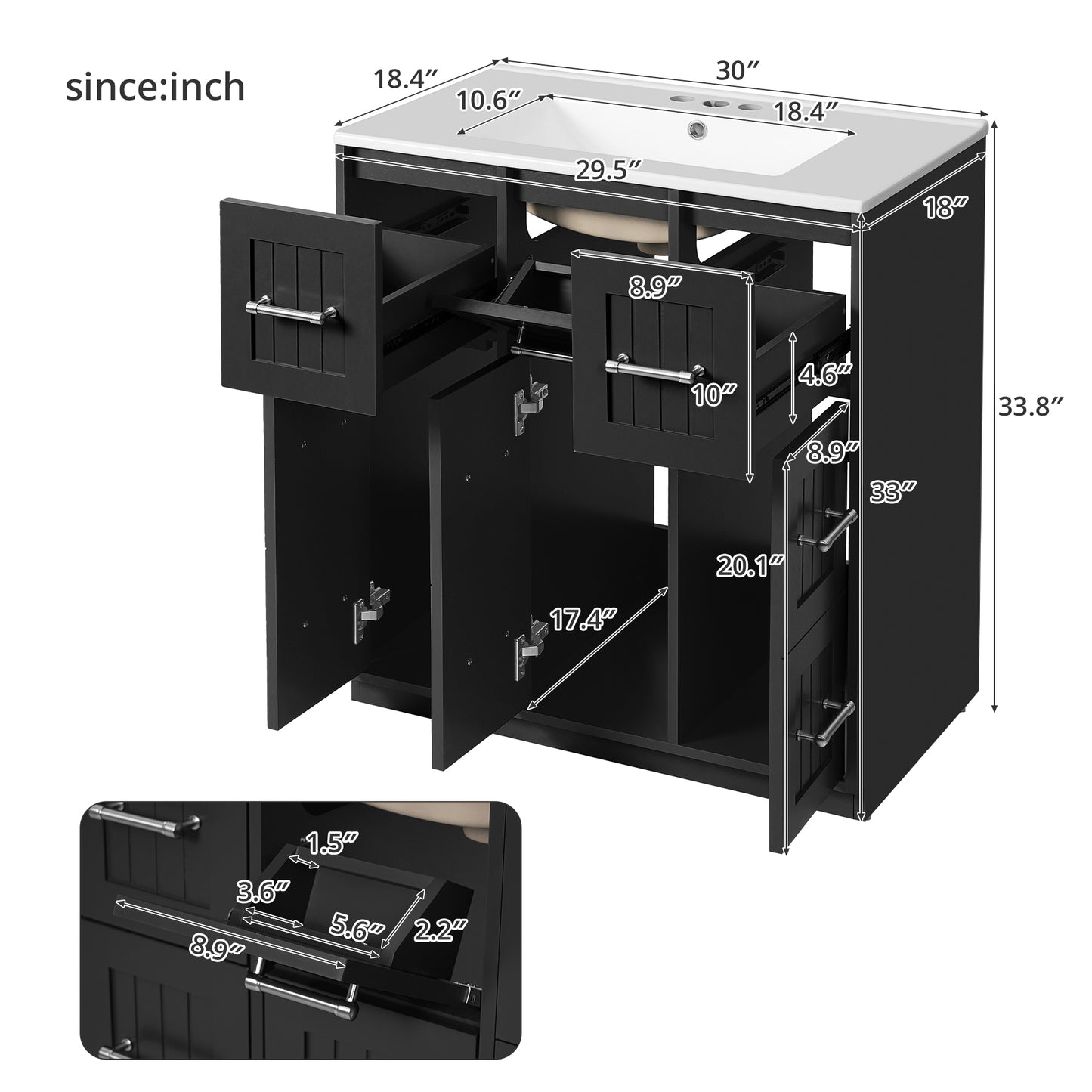 VanityFus 30-in Black Single Sink Bathroom Vanity with Ceramic Top Undermount 3 Soft-Closing Doors 3 Drawers