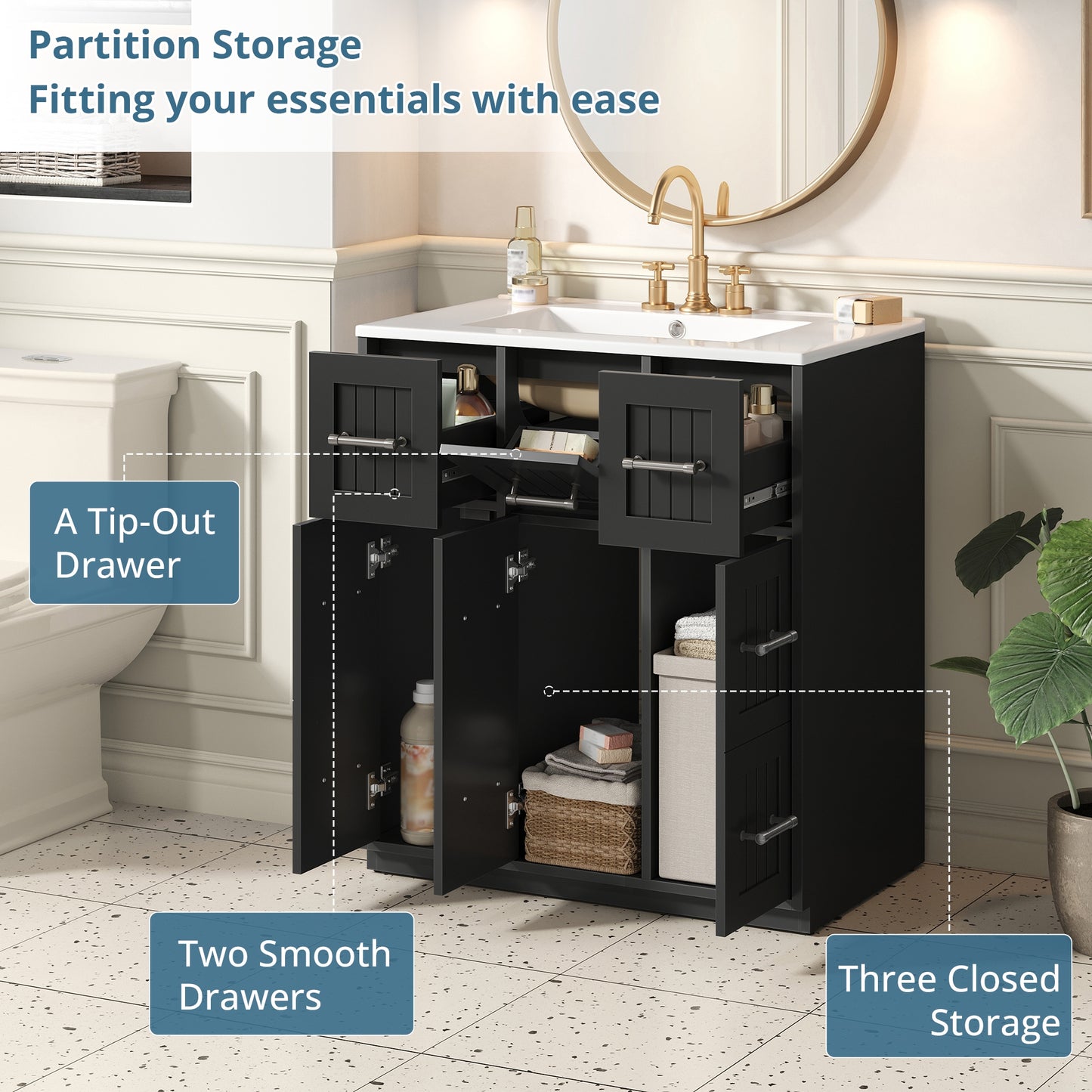 VanityFus 30-in Black Single Sink Bathroom Vanity with Ceramic Top Undermount 3 Soft-Closing Doors 3 Drawers
