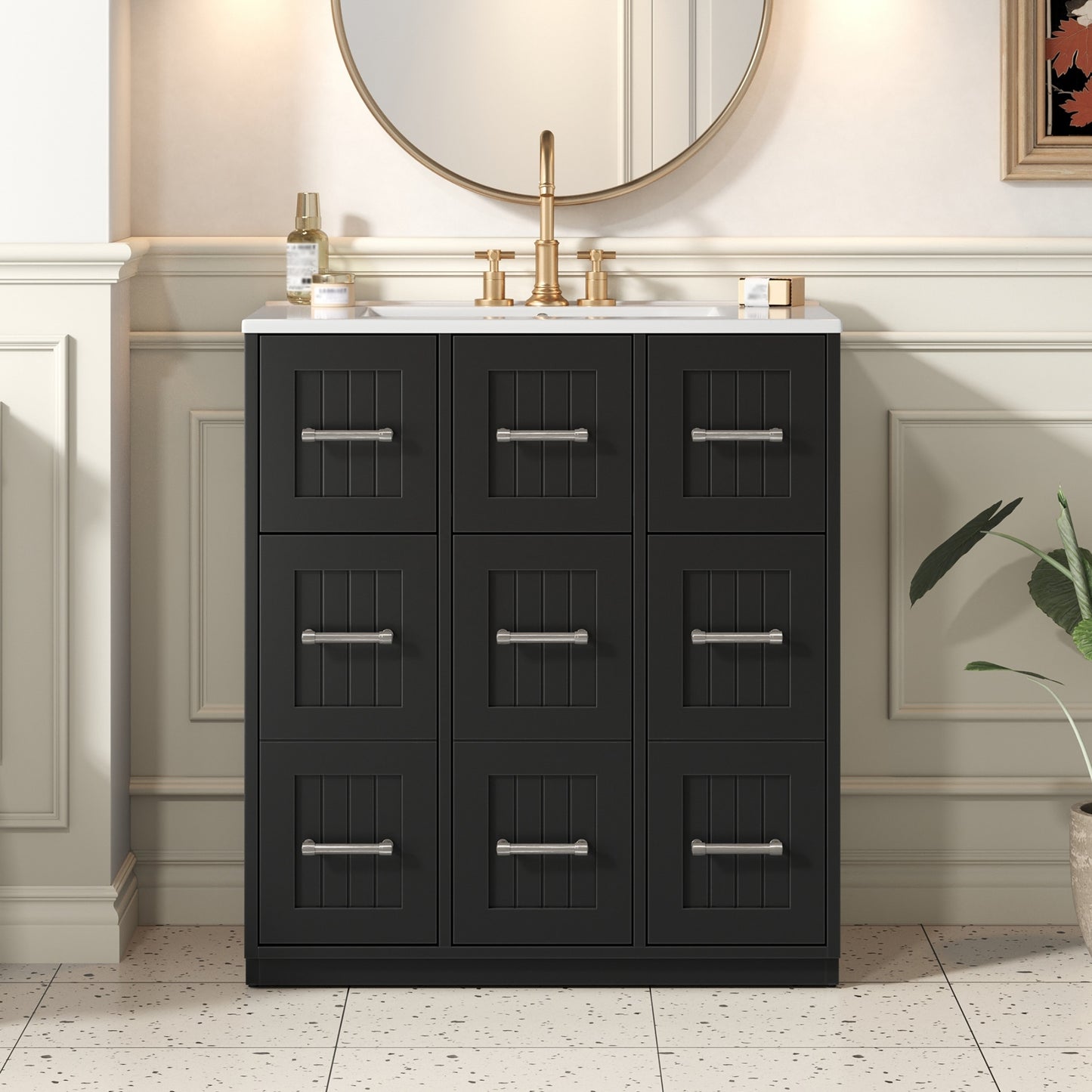 VanityFus 30-in Black Single Sink Bathroom Vanity with Ceramic Top Undermount 3 Soft-Closing Doors 3 Drawers