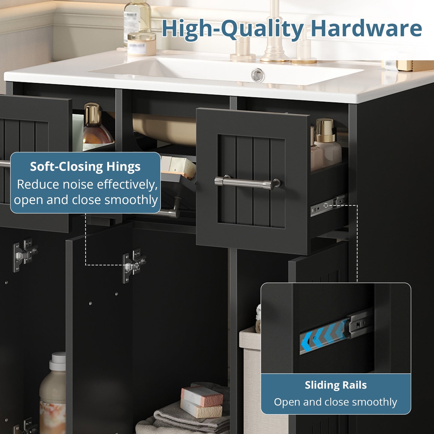 VanityFus 30-in Black Single Sink Bathroom Vanity with Ceramic Top Undermount 3 Soft-Closing Doors 3 Drawers