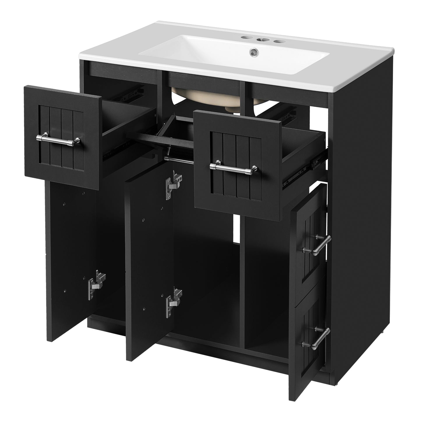 VanityFus 30-in Black Single Sink Bathroom Vanity with Ceramic Top Undermount 3 Soft-Closing Doors 3 Drawers
