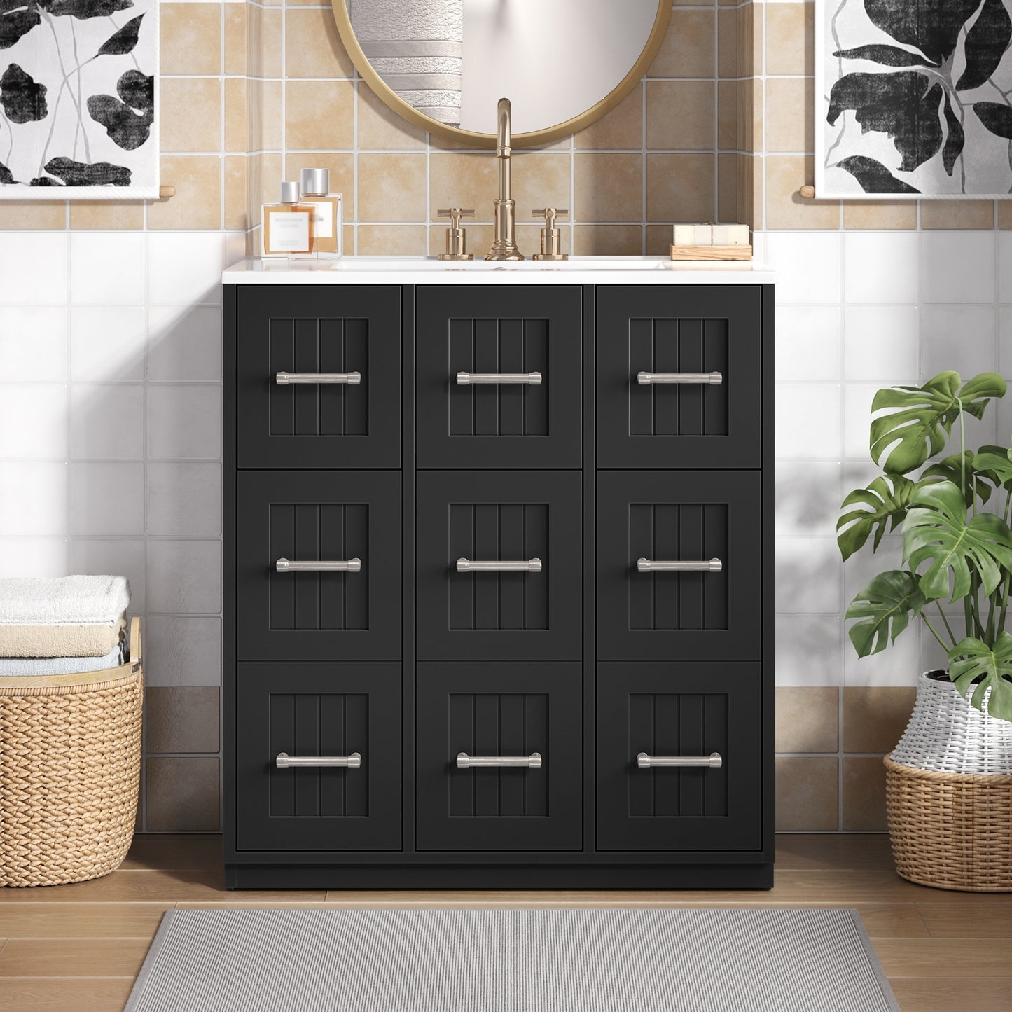 VanityFus 30-in Black Single Sink Bathroom Vanity with Ceramic Top Undermount 3 Soft-Closing Doors 3 Drawers