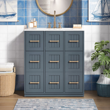 VanityFus 30-in Blue Single Sink Bathroom Vanity with Ceramic Top Undermount 3 Soft-Closing Doors 3 Drawers