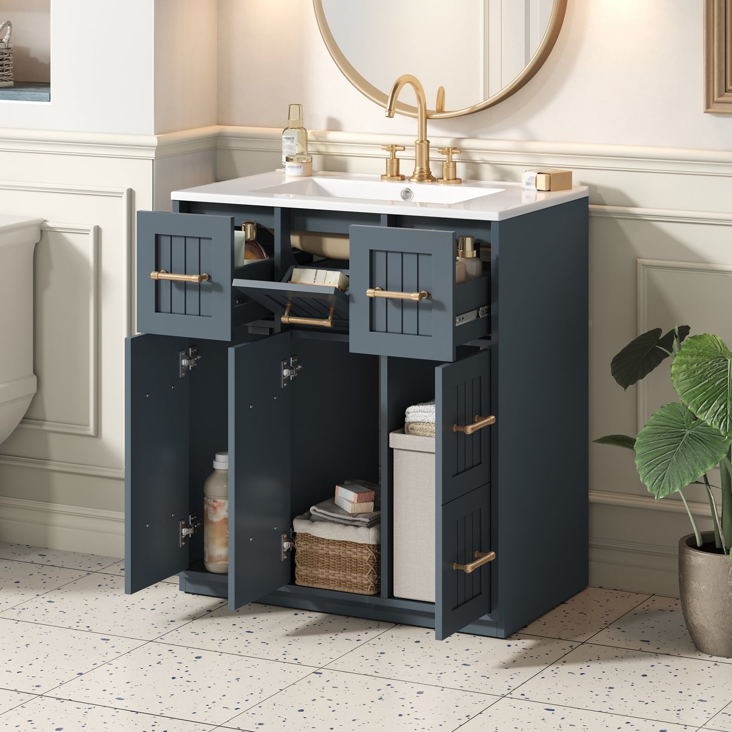 VanityFus 30-in Blue Single Sink Bathroom Vanity with Ceramic Top Undermount 3 Soft-Closing Doors 3 Drawers