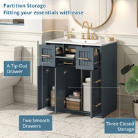 VanityFus 30-in Blue Single Sink Bathroom Vanity with Ceramic Top Undermount 3 Soft-Closing Doors 3 Drawers