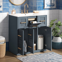 VanityFus 30-in Blue Single Sink Bathroom Vanity with Ceramic Top Undermount 3 Soft-Closing Doors 3 Drawers
