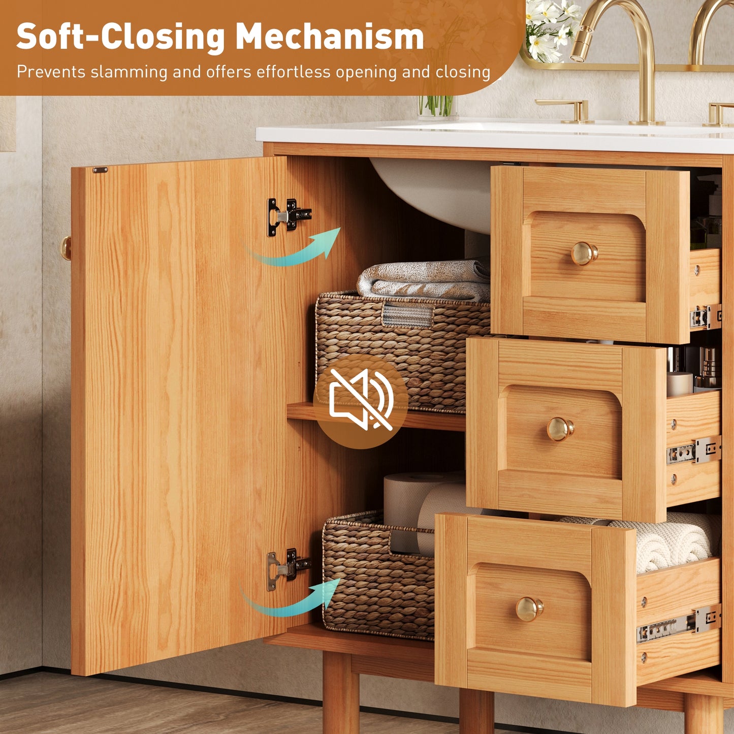 VanityFus 30-in Natural Wood Single Sink Bathroom Vanity with Ceramic Top Undermount 1 Soft-Closing Door 3 Drawers Adjustable Shelves