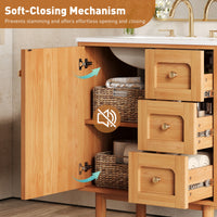 VanityFus 30-in Natural Wood Single Sink Bathroom Vanity with Ceramic Top Undermount 1 Soft-Closing Door 3 Drawers Adjustable Shelves