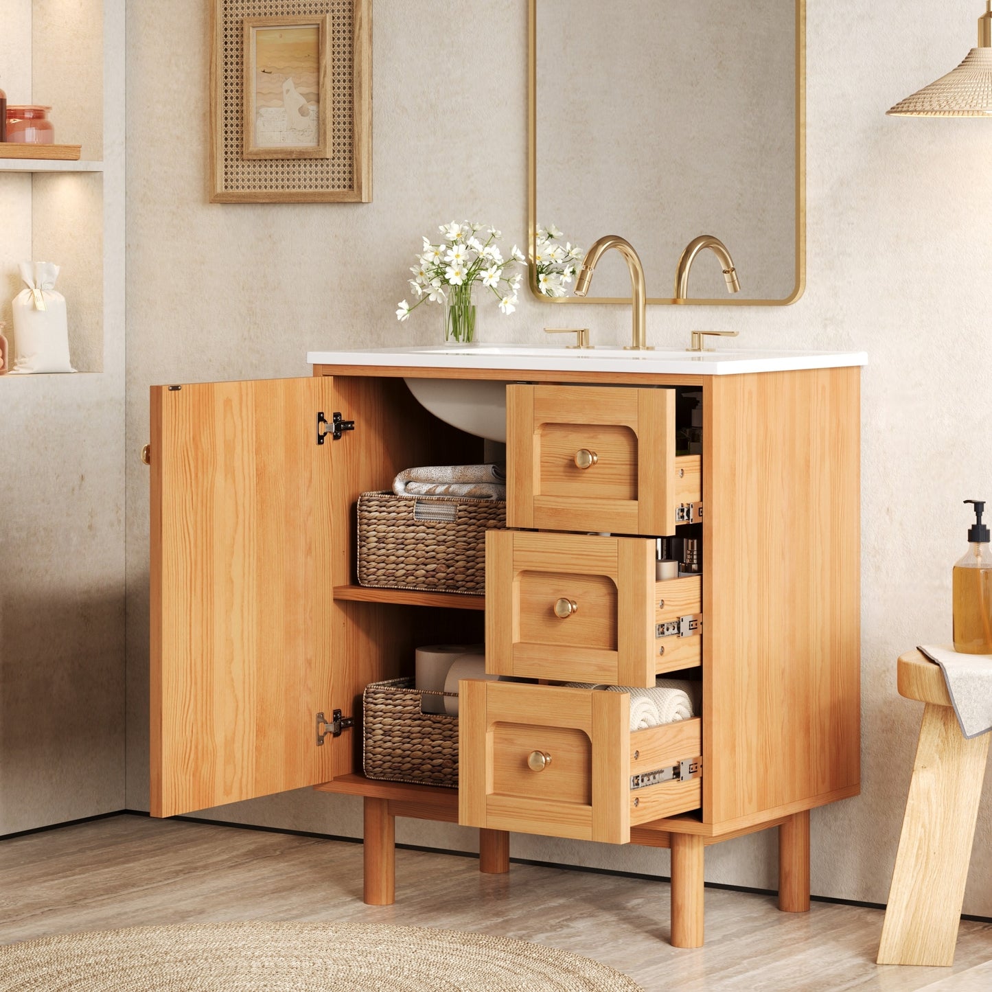 VanityFus 30-in Natural Wood Single Sink Bathroom Vanity with Ceramic Top Undermount 1 Soft-Closing Door 3 Drawers Adjustable Shelves