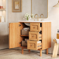 VanityFus 30-in Natural Wood Single Sink Bathroom Vanity with Ceramic Top Undermount 1 Soft-Closing Door 3 Drawers Adjustable Shelves