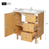 VanityFus 30-in Natural Wood Single Sink Bathroom Vanity with Ceramic Top Undermount 1 Soft-Closing Door 3 Drawers Adjustable Shelves
