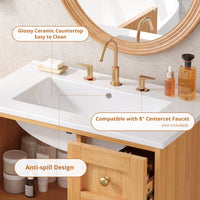 VanityFus 30-in Natural Wood Single Sink Bathroom Vanity with Ceramic Top Undermount 1 Soft-Closing Door 3 Drawers Adjustable Shelves