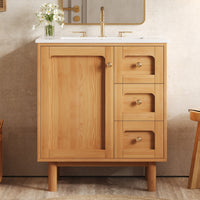VanityFus 30-in Natural Wood Single Sink Bathroom Vanity with Ceramic Top Undermount 1 Soft-Closing Door 3 Drawers Adjustable Shelves