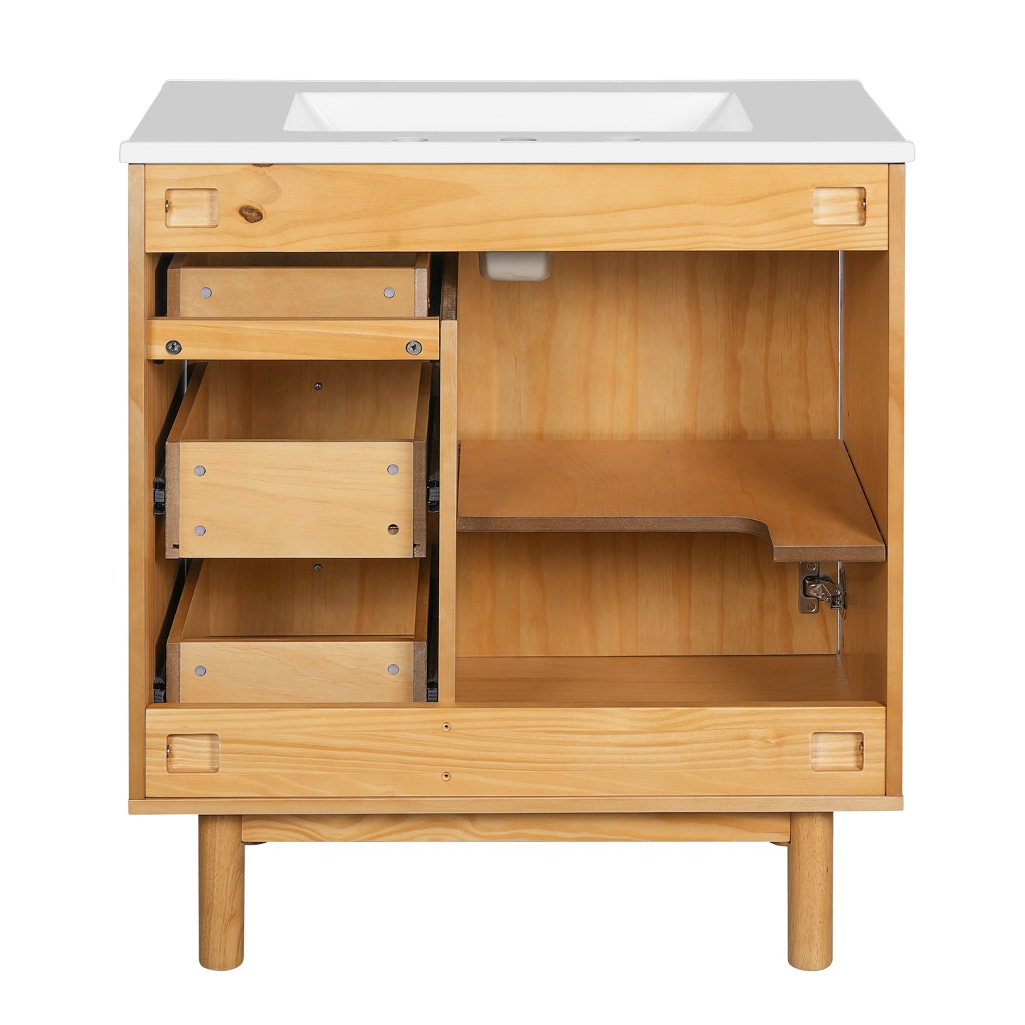 VanityFus 30-in Natural Wood Single Sink Bathroom Vanity with Ceramic Top Undermount 1 Soft-Closing Door 3 Drawers Adjustable Shelves