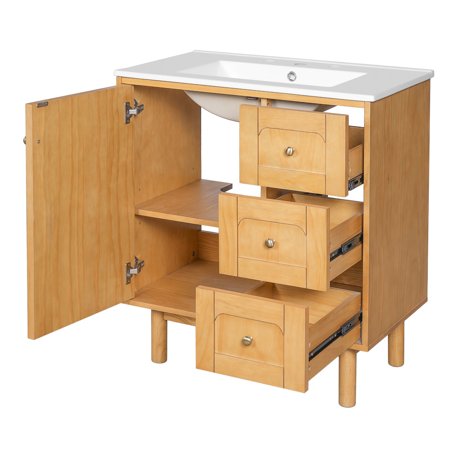 VanityFus 30-in Natural Wood Single Sink Bathroom Vanity with Ceramic Top Undermount 1 Soft-Closing Door 3 Drawers Adjustable Shelves