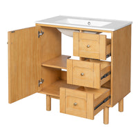 VanityFus 30-in Natural Wood Single Sink Bathroom Vanity with Ceramic Top Undermount 1 Soft-Closing Door 3 Drawers Adjustable Shelves