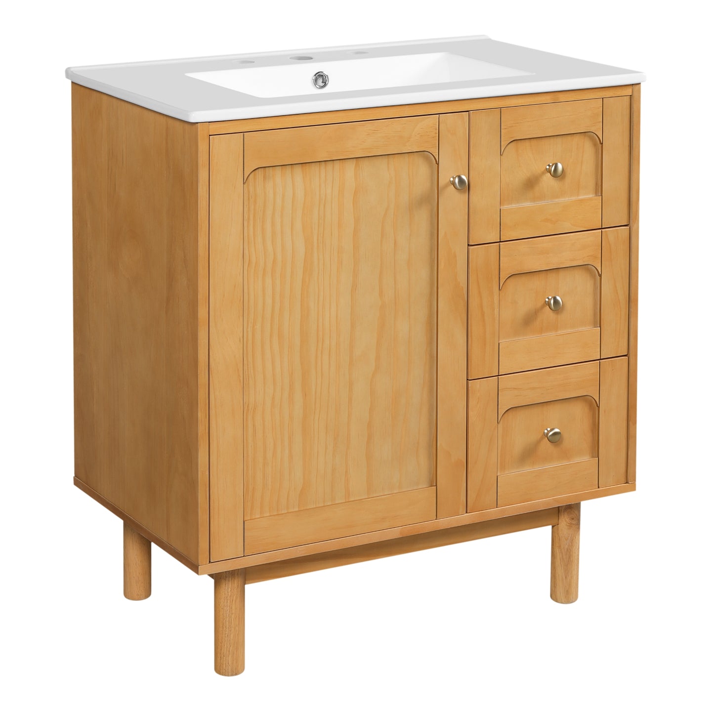 VanityFus 30-in Natural Wood Single Sink Bathroom Vanity with Ceramic Top Undermount 1 Soft-Closing Door 3 Drawers Adjustable Shelves