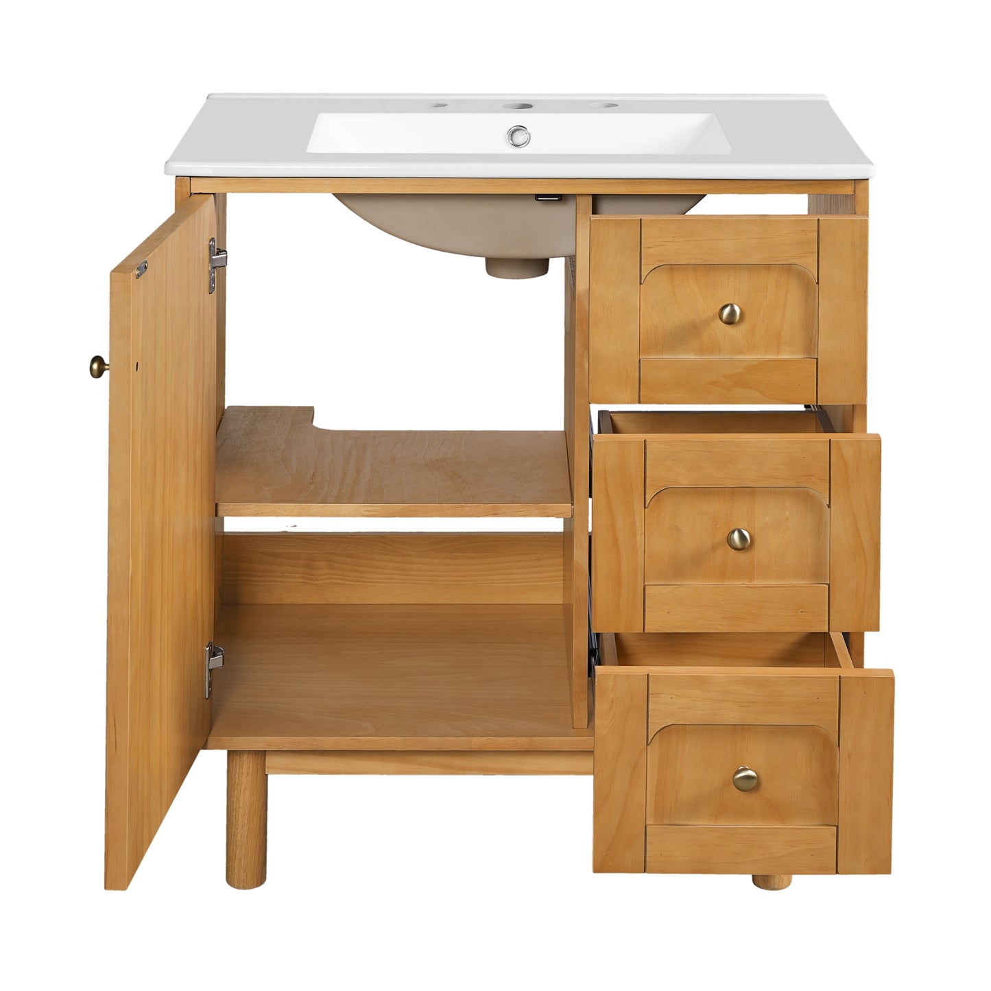 VanityFus 30-in Natural Wood Single Sink Bathroom Vanity with Ceramic Top Undermount 1 Soft-Closing Door 3 Drawers Adjustable Shelves