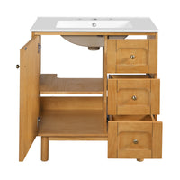 VanityFus 30-in Natural Wood Single Sink Bathroom Vanity with Ceramic Top Undermount 1 Soft-Closing Door 3 Drawers Adjustable Shelves