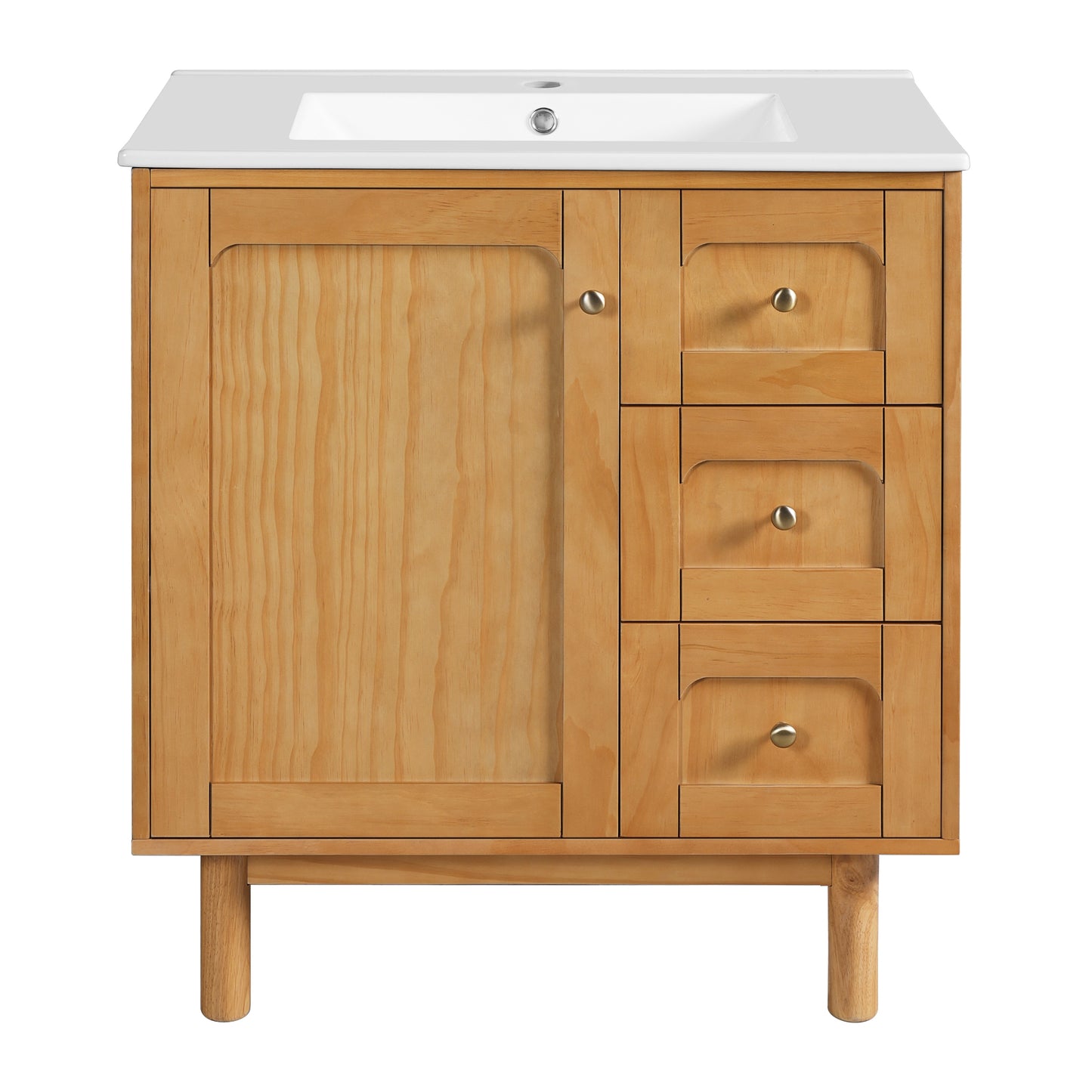 VanityFus 30-in Natural Wood Single Sink Bathroom Vanity with Ceramic Top Undermount 1 Soft-Closing Door 3 Drawers Adjustable Shelves