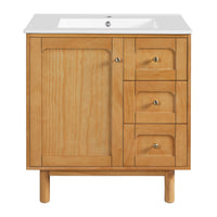 VanityFus 30-in Natural Wood Single Sink Bathroom Vanity with Ceramic Top Undermount 1 Soft-Closing Door 3 Drawers Adjustable Shelves