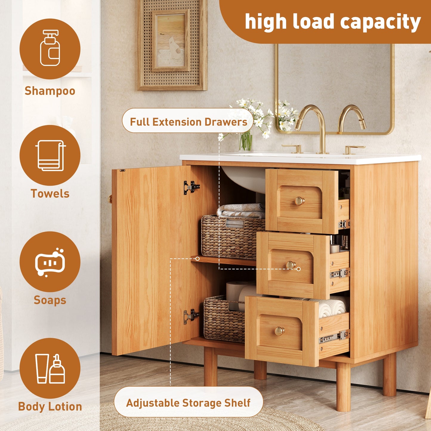 VanityFus 30-in Natural Wood Single Sink Bathroom Vanity with Ceramic Top Undermount 1 Soft-Closing Door 3 Drawers Adjustable Shelves