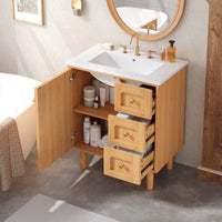 VanityFus 30-in Natural Wood Single Sink Bathroom Vanity with Ceramic Top Undermount 1 Soft-Closing Door 3 Drawers Adjustable Shelves