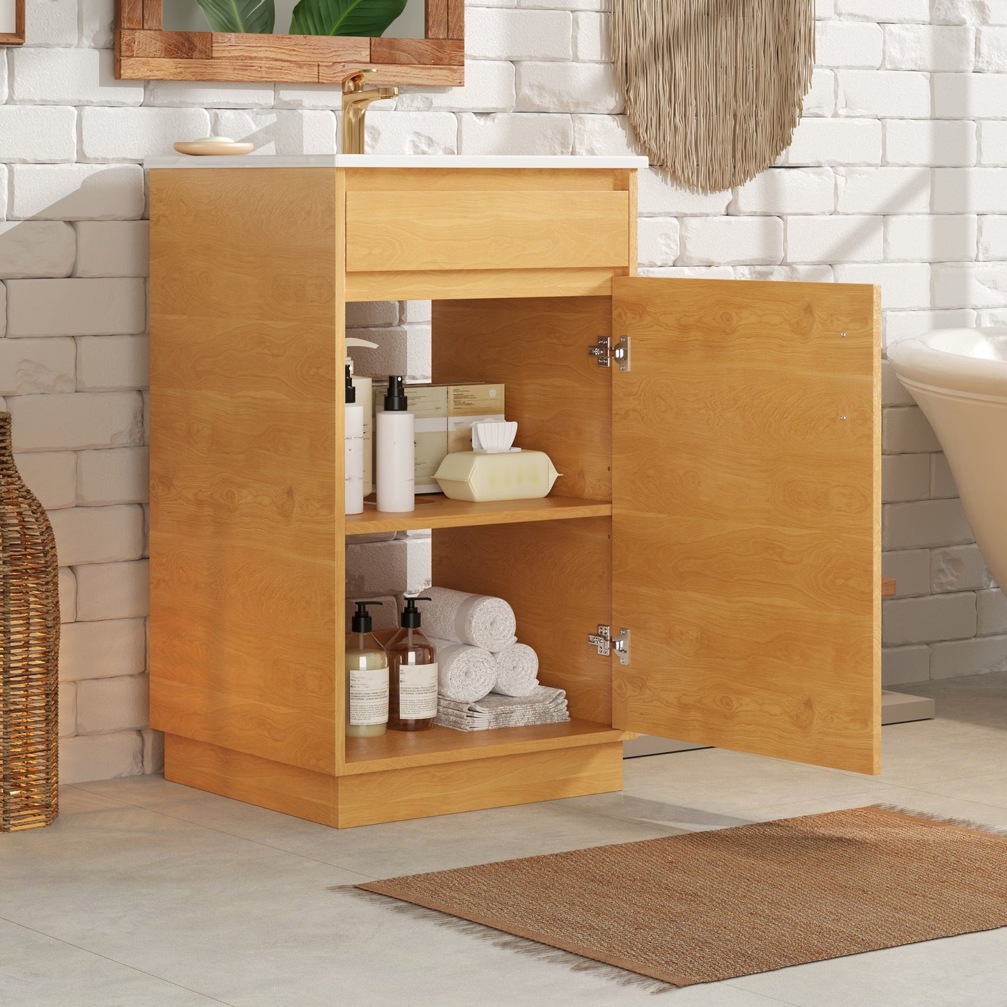 VanityFus 20.3-in Natural Wood Single Sink Bathroom Vanity with Ceramic Top Undermount 1 Soft-Closing Door Adjustable Shelves